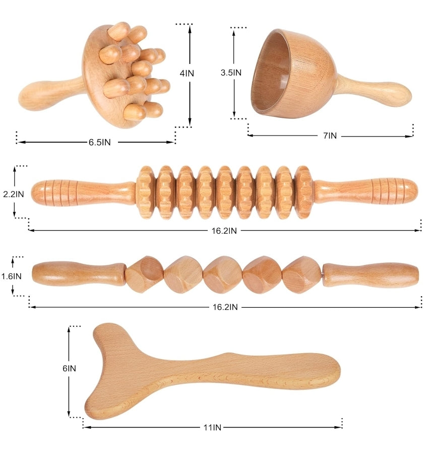 Wood Therapy Massage Tools 5-in-1 - Lymphatic Drainage, Anti-Cellulite