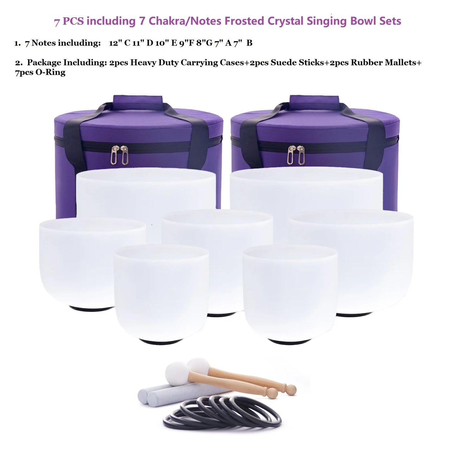 Hye-eun Crystal Singing Bowl Chakra Set (7pcs, 7-12") – Complete Healing & Meditation Kit with Carrying Cases